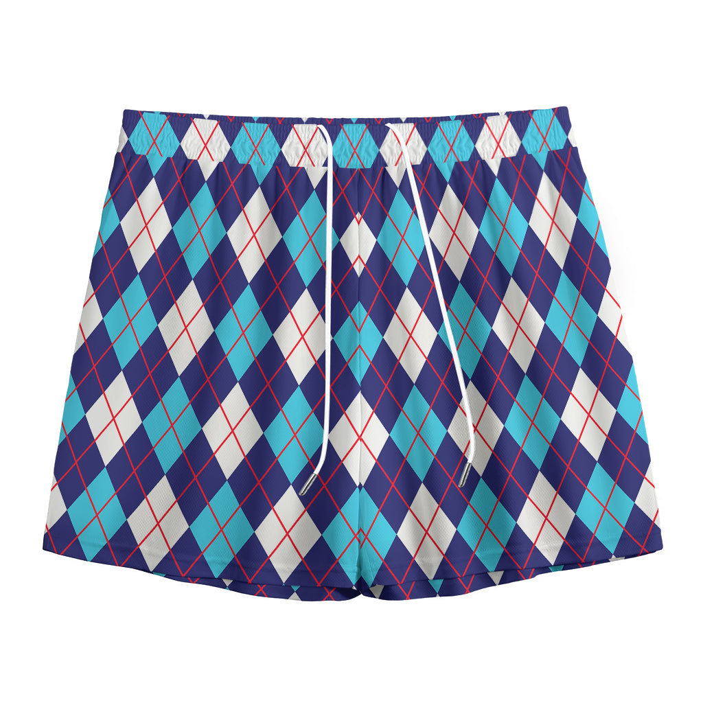 Blue White And Red Argyle Pattern Print Mesh Shorts
