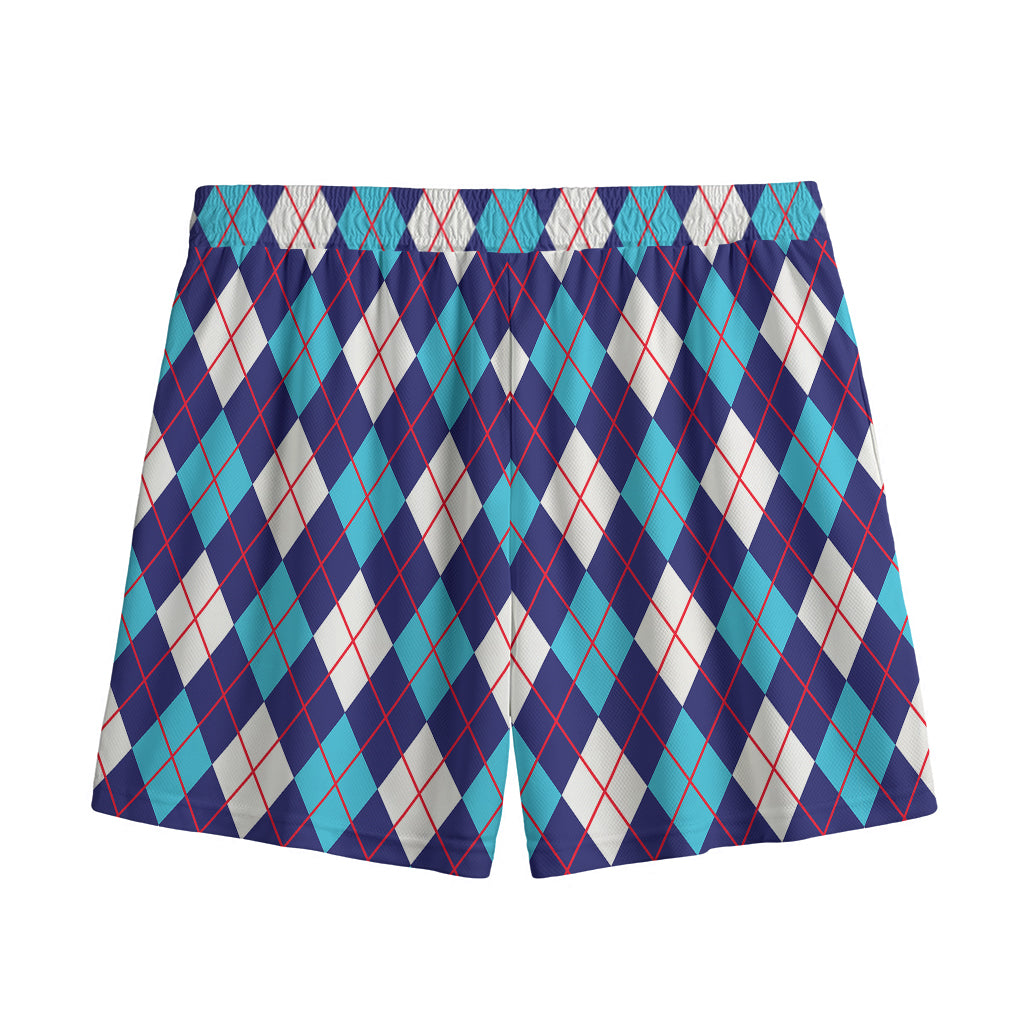 Blue White And Red Argyle Pattern Print Mesh Shorts