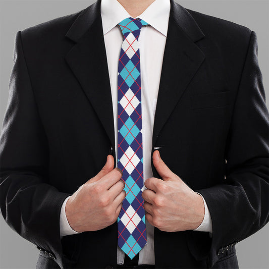 Blue White And Red Argyle Pattern Print Necktie