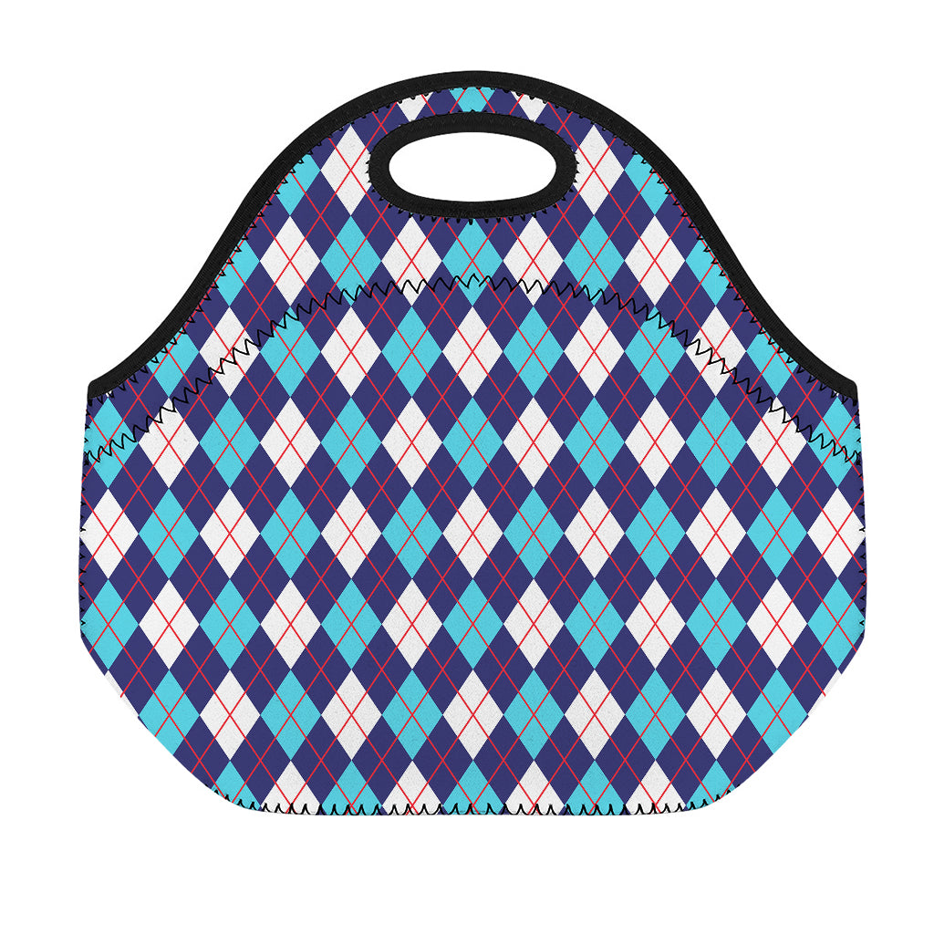 Blue White And Red Argyle Pattern Print Neoprene Lunch Bag