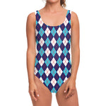 Blue White And Red Argyle Pattern Print One Piece Swimsuit