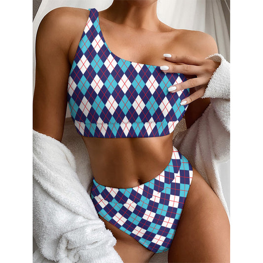 Blue White And Red Argyle Pattern Print One Shoulder Bikini Top