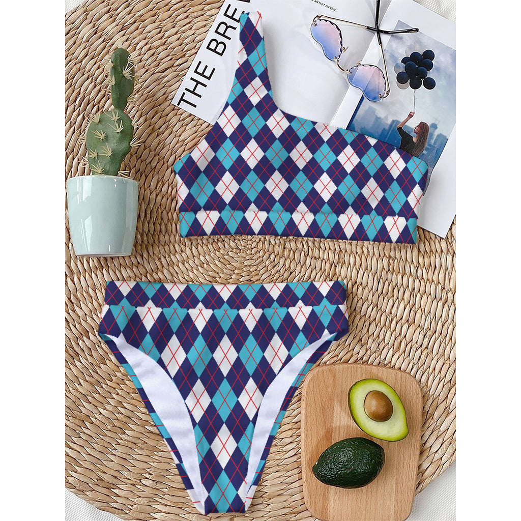 Blue White And Red Argyle Pattern Print One Shoulder Bikini Top