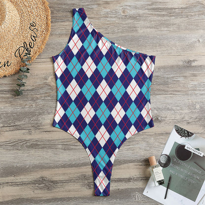 Blue White And Red Argyle Pattern Print One Shoulder Bodysuit