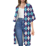 Blue White And Red Argyle Pattern Print Open Front Beach Cover Up