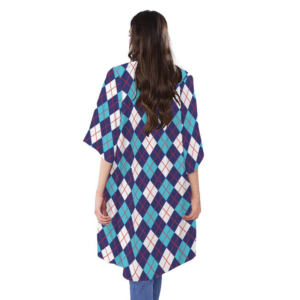 Blue White And Red Argyle Pattern Print Open Front Beach Cover Up