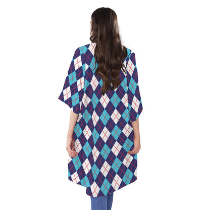 Blue White And Red Argyle Pattern Print Open Front Beach Cover Up