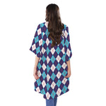 Blue White And Red Argyle Pattern Print Open Front Beach Cover Up