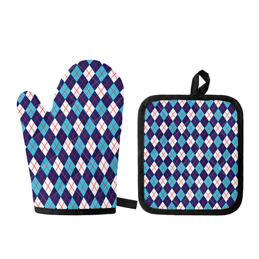Blue White And Red Argyle Pattern Print Oven Mitt And Pot Holder Set