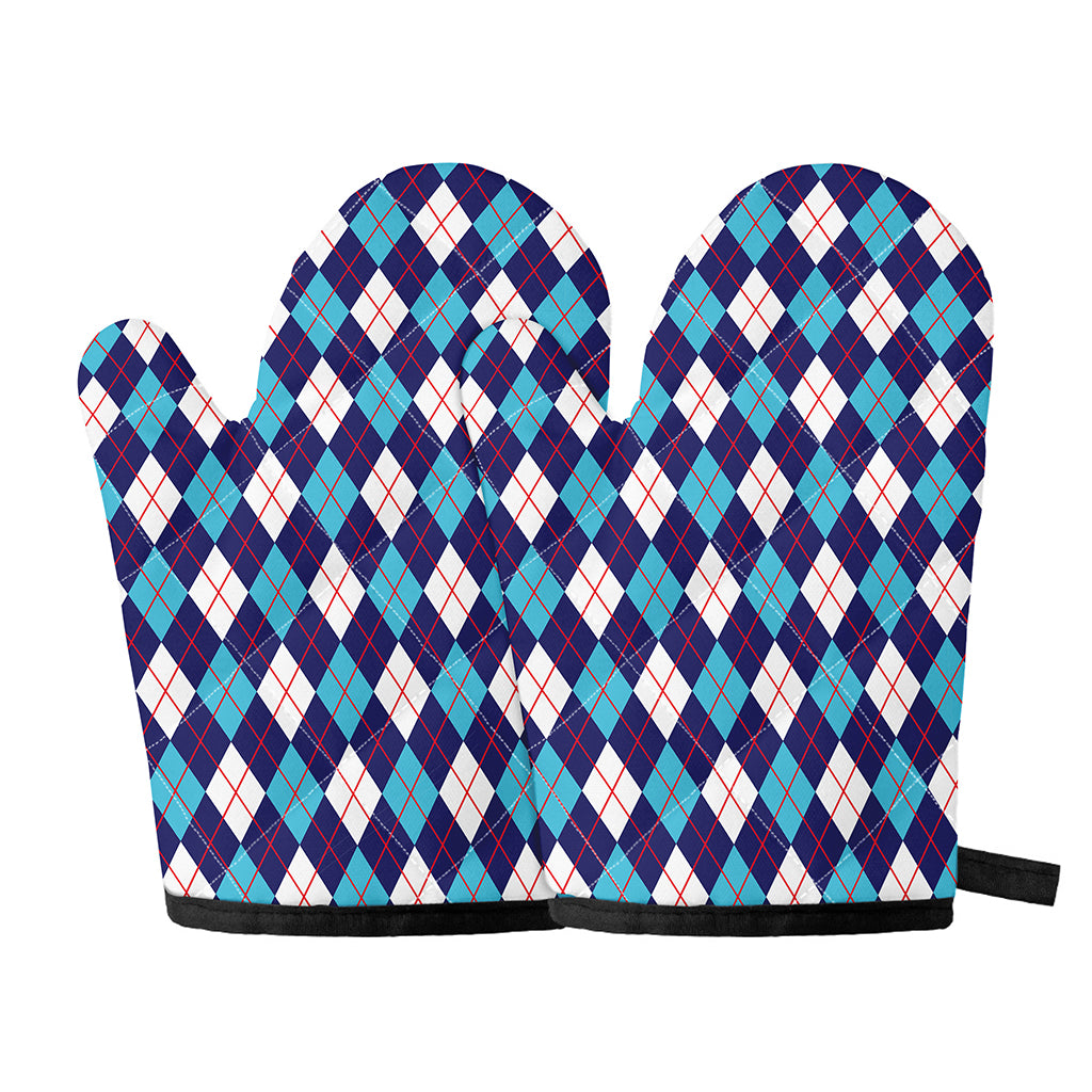 Blue White And Red Argyle Pattern Print Oven Mitts
