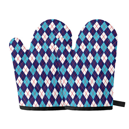 Blue White And Red Argyle Pattern Print Oven Mitts