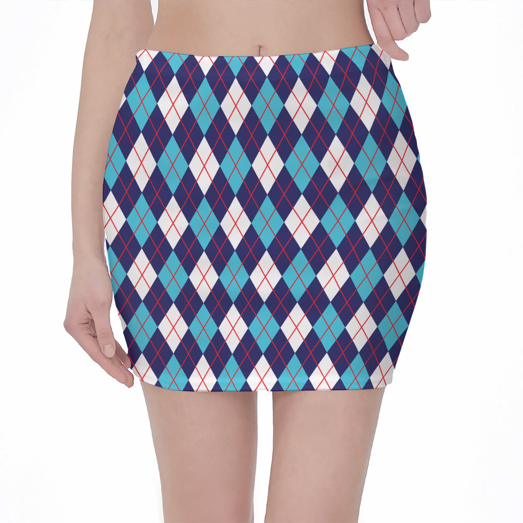 Blue White And Red Argyle Pattern Print Pencil Mini Skirt