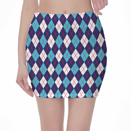 Blue White And Red Argyle Pattern Print Pencil Mini Skirt
