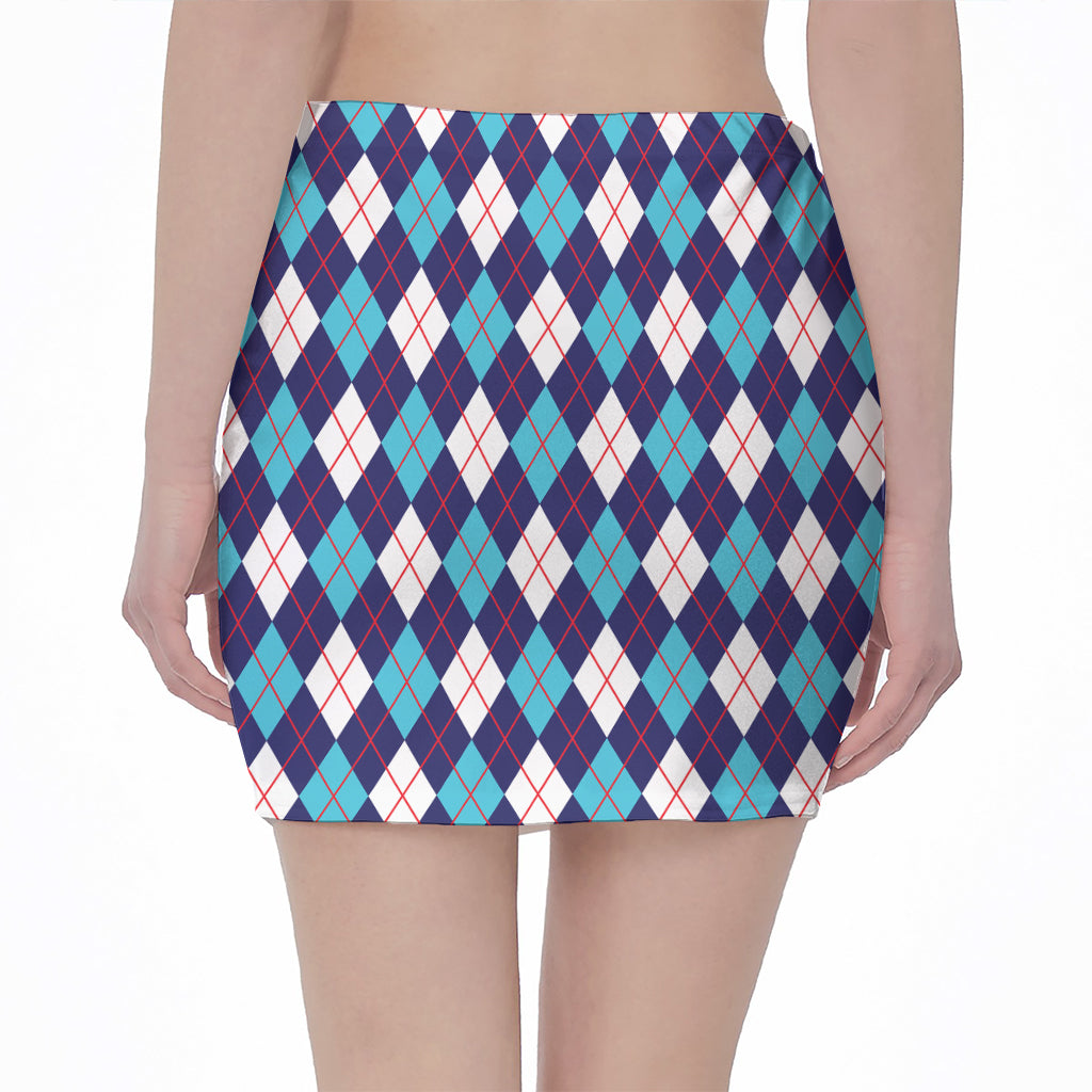 Blue White And Red Argyle Pattern Print Pencil Mini Skirt