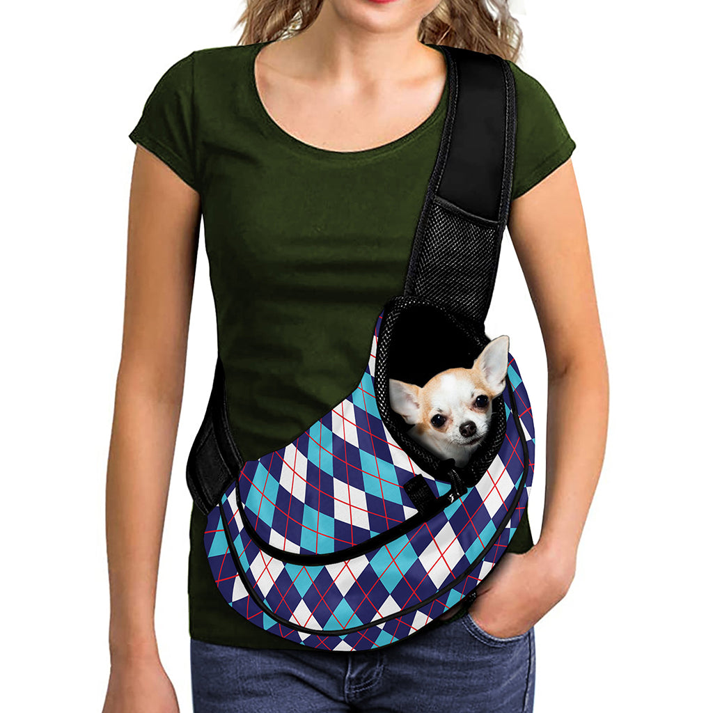 Blue White And Red Argyle Pattern Print Pet Sling Carrier