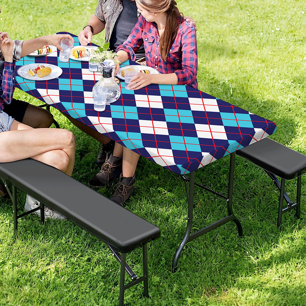 Blue White And Red Argyle Pattern Print Picnic Table Cover