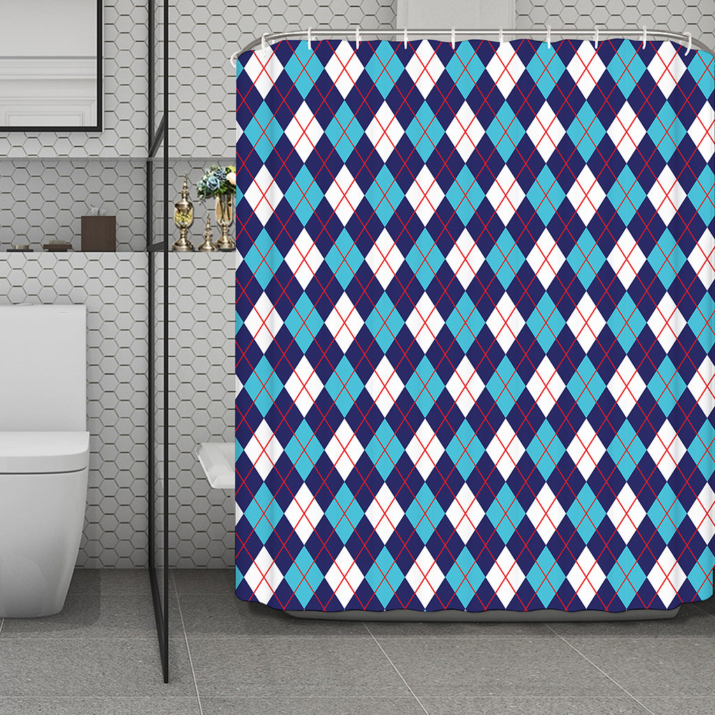 Blue White And Red Argyle Pattern Print Polyester Shower Curtain