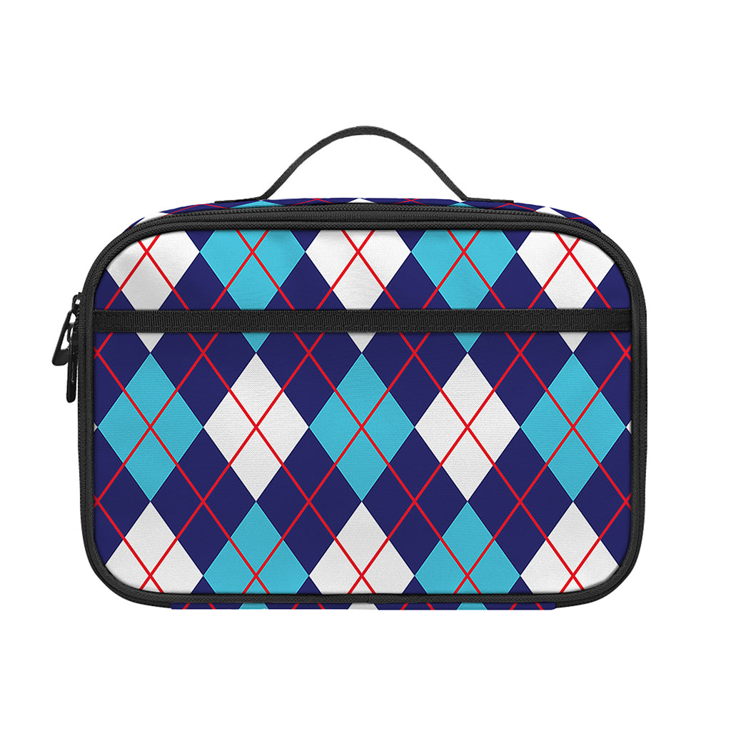 Blue White And Red Argyle Pattern Print Portable Lunch Bag