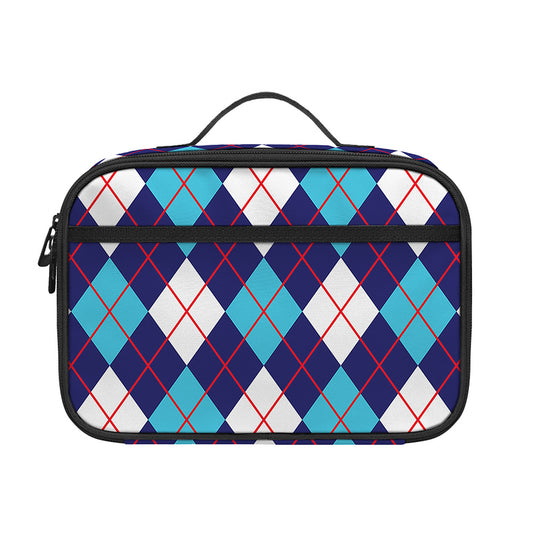 Blue White And Red Argyle Pattern Print Portable Lunch Bag