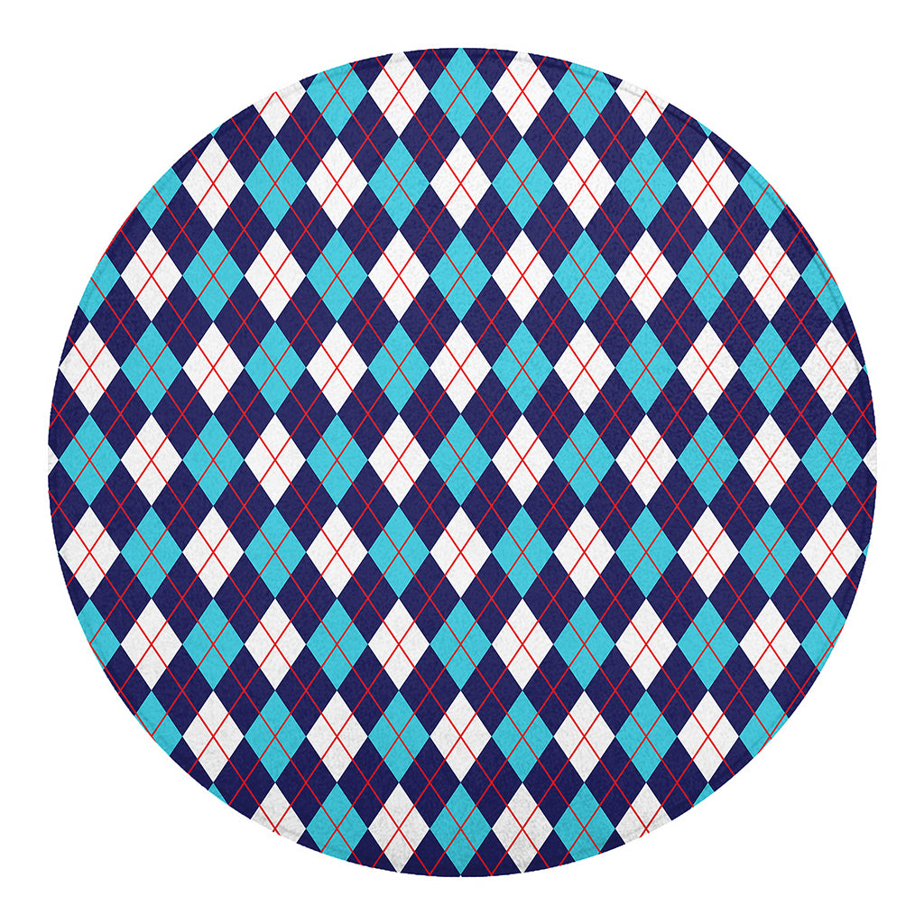 Blue White And Red Argyle Pattern Print Round Blanket