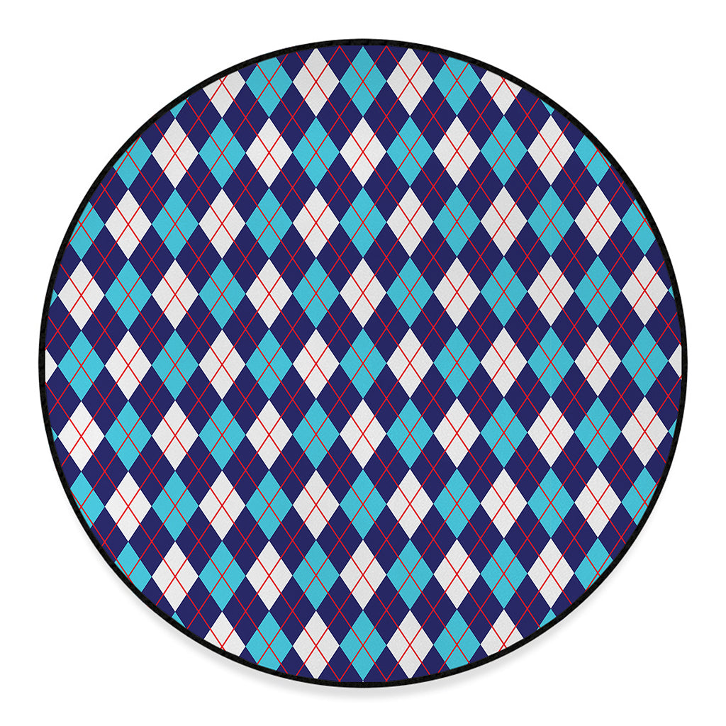 Blue White And Red Argyle Pattern Print Round Floor Mat