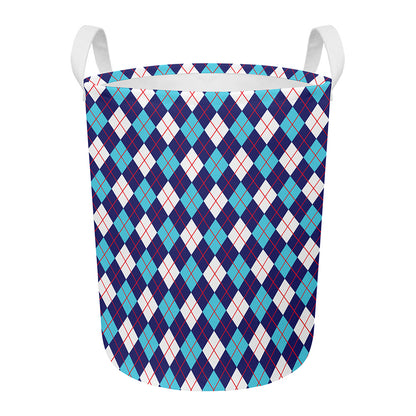 Blue White And Red Argyle Pattern Print Round Laundry Basket