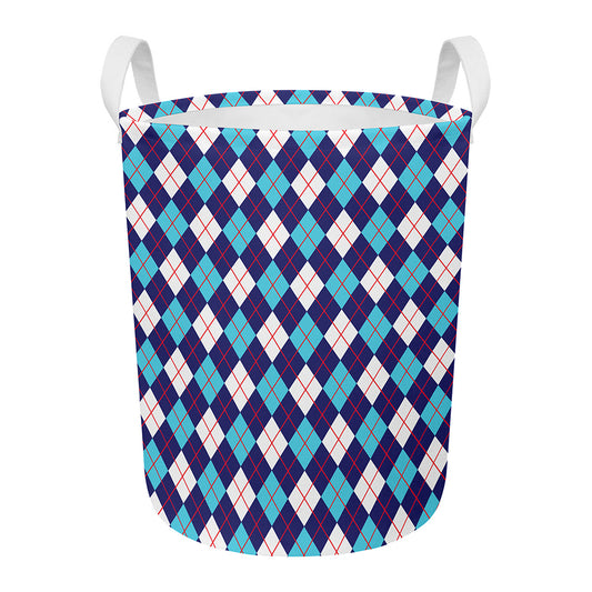 Blue White And Red Argyle Pattern Print Round Laundry Basket