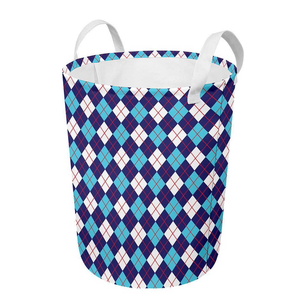 Blue White And Red Argyle Pattern Print Round Laundry Basket