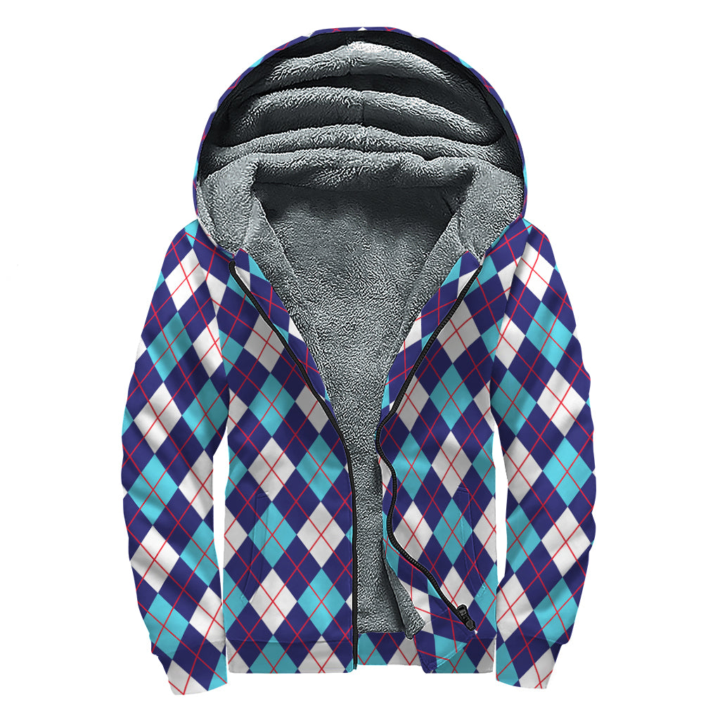 Blue White And Red Argyle Pattern Print Sherpa Lined Zip Up Hoodie