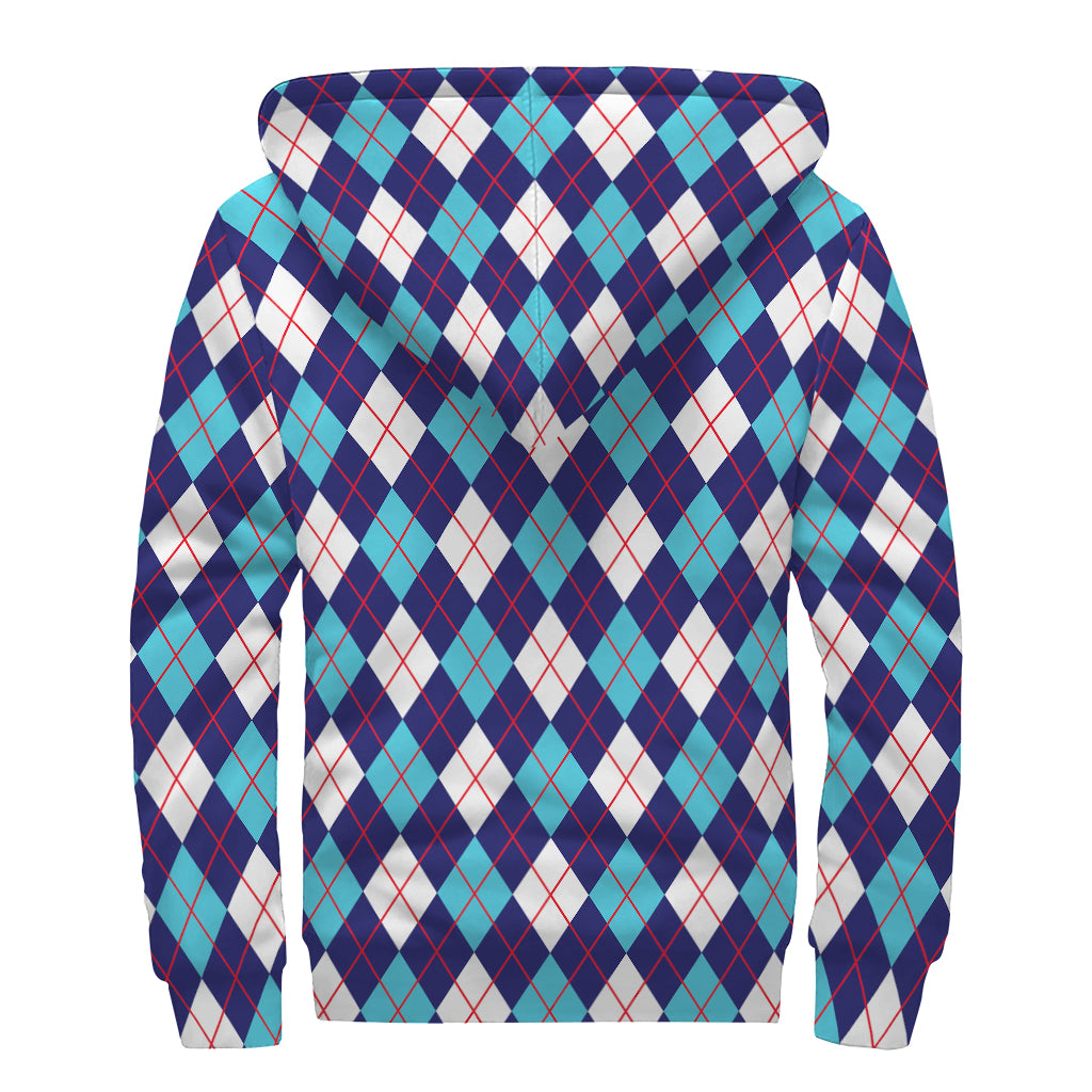 Blue White And Red Argyle Pattern Print Sherpa Lined Zip Up Hoodie