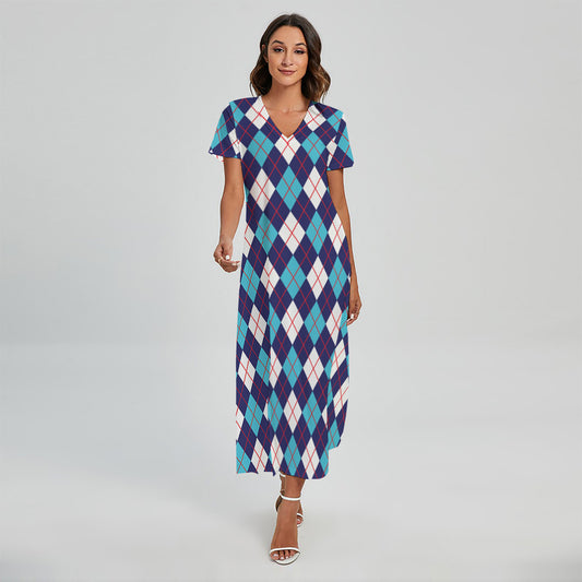 Blue White And Red Argyle Pattern Print Short Sleeve Maxi Dress