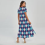 Blue White And Red Argyle Pattern Print Short Sleeve Maxi Dress