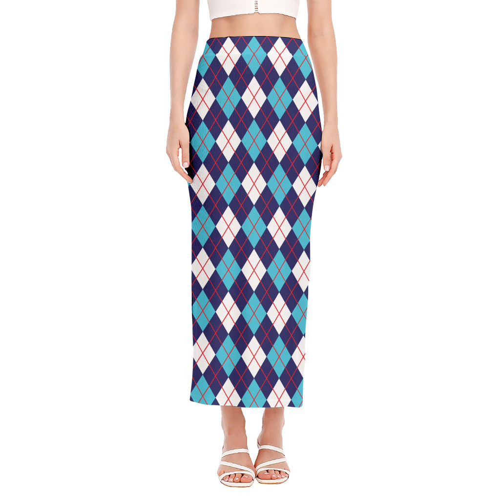 Blue White And Red Argyle Pattern Print Side Slit Maxi Skirt