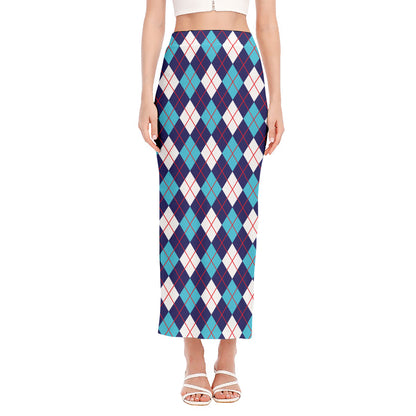 Blue White And Red Argyle Pattern Print Side Slit Maxi Skirt