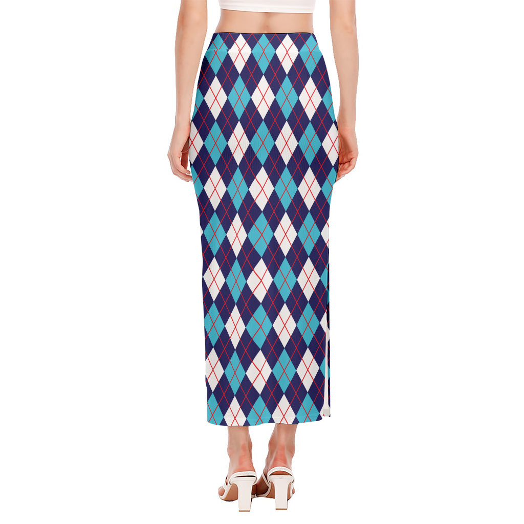 Blue White And Red Argyle Pattern Print Side Slit Maxi Skirt
