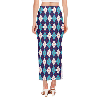 Blue White And Red Argyle Pattern Print Side Slit Maxi Skirt