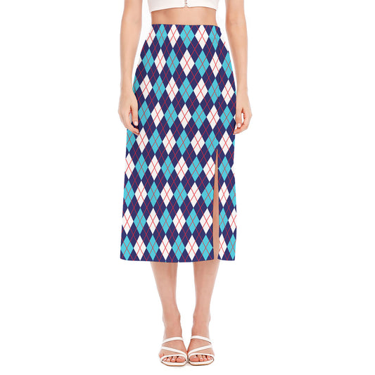 Blue White And Red Argyle Pattern Print Side Slit Midi Skirt