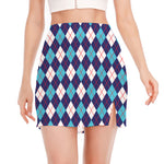 Blue White And Red Argyle Pattern Print Side Slit Mini Skirt