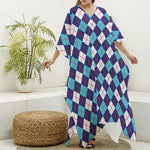 Blue White And Red Argyle Pattern Print Silk V-Neck Kaftan Dress
