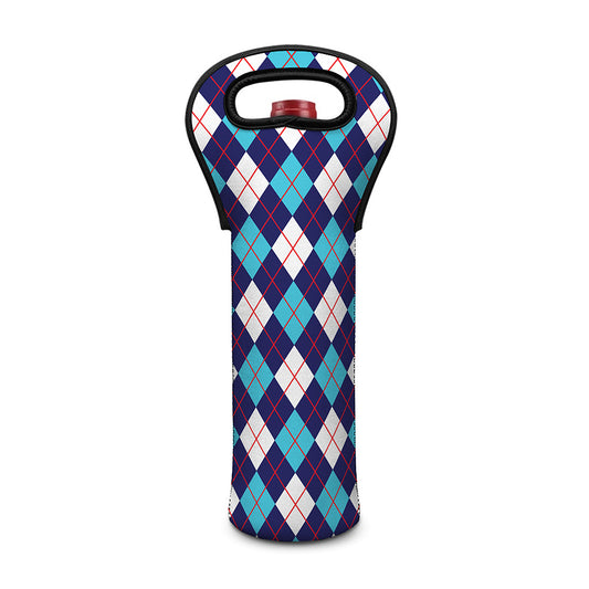 Blue White And Red Argyle Pattern Print Single Neoprene Wine Tote