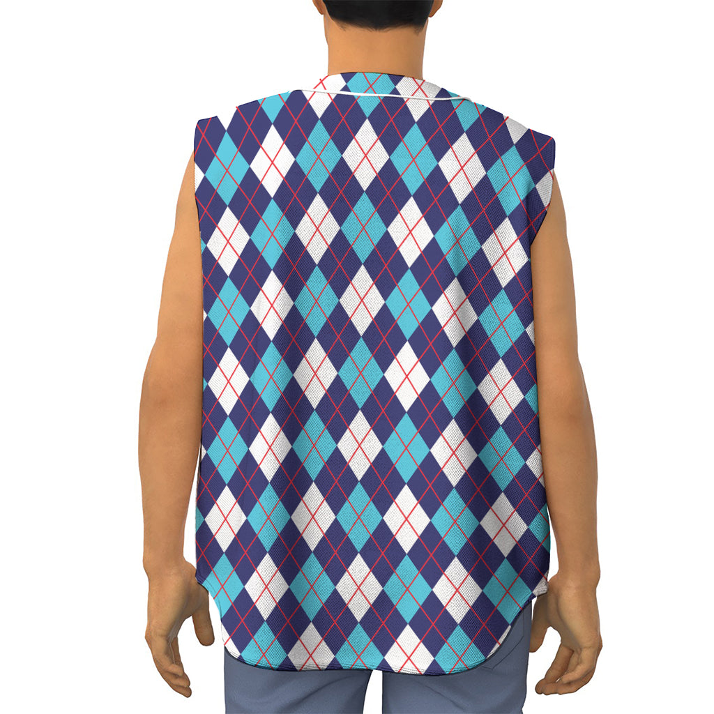 Blue White And Red Argyle Pattern Print Sleeveless Baseball Jersey