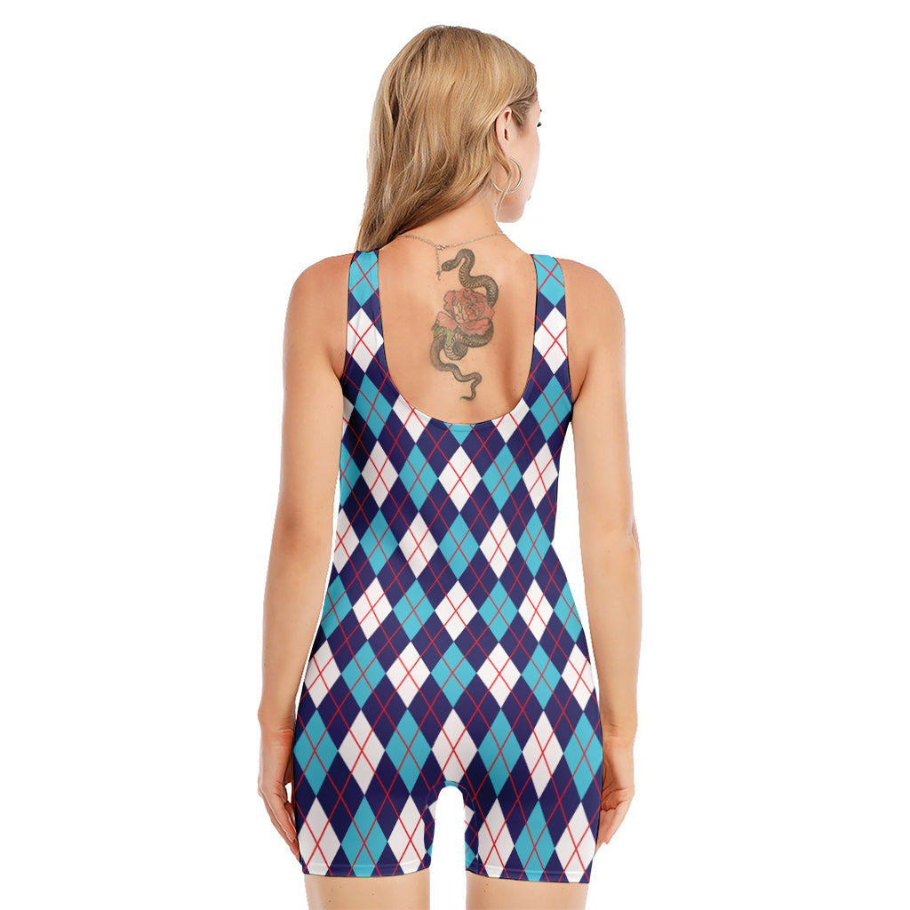 Blue White And Red Argyle Pattern Print Sleeveless One Piece Swimsuit