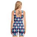 Blue White And Red Argyle Pattern Print Sleeveless One Piece Swimsuit