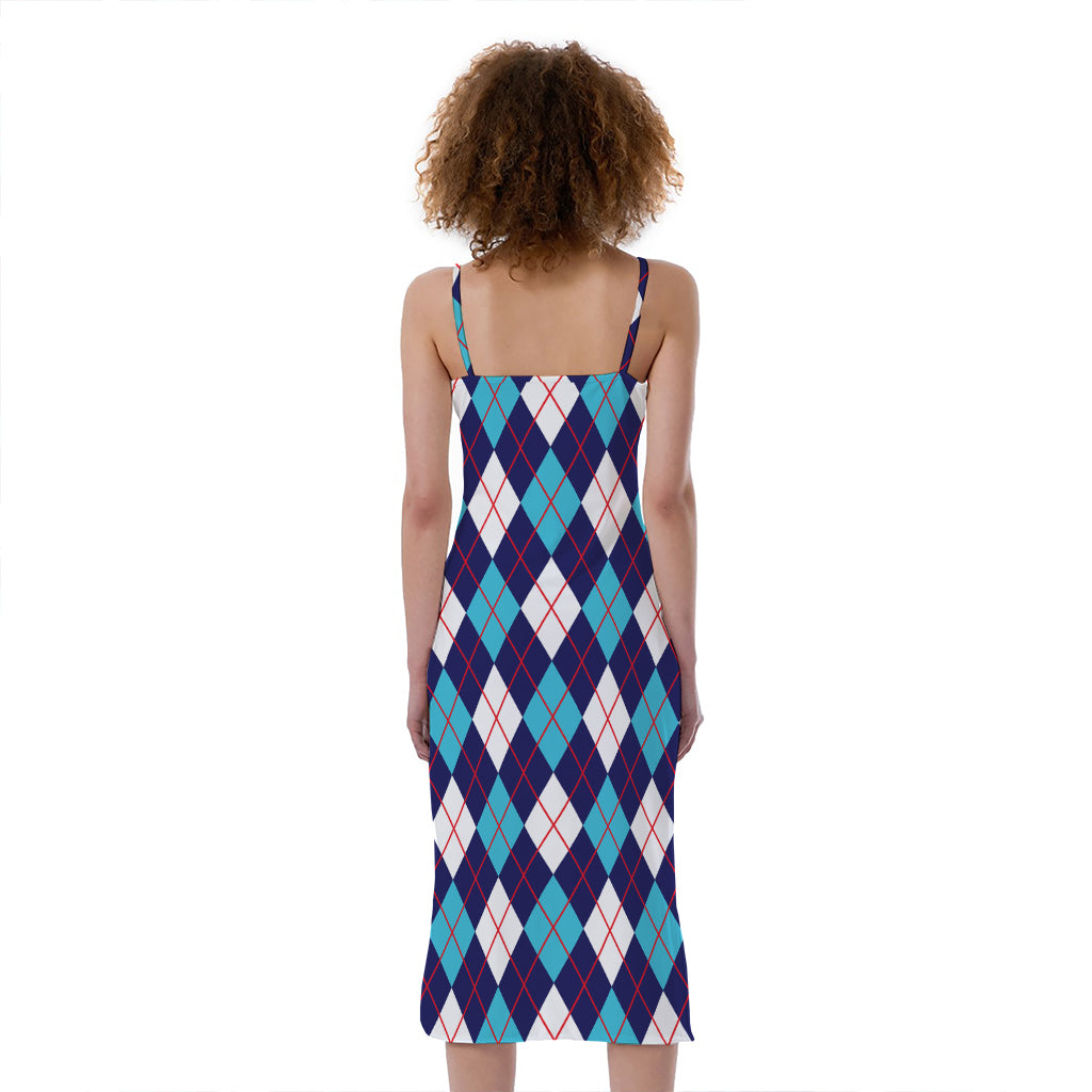 Blue White And Red Argyle Pattern Print Slim Fit Midi Cami Dress