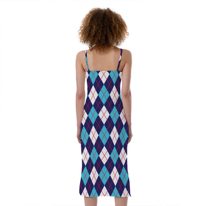 Blue White And Red Argyle Pattern Print Slim Fit Midi Cami Dress