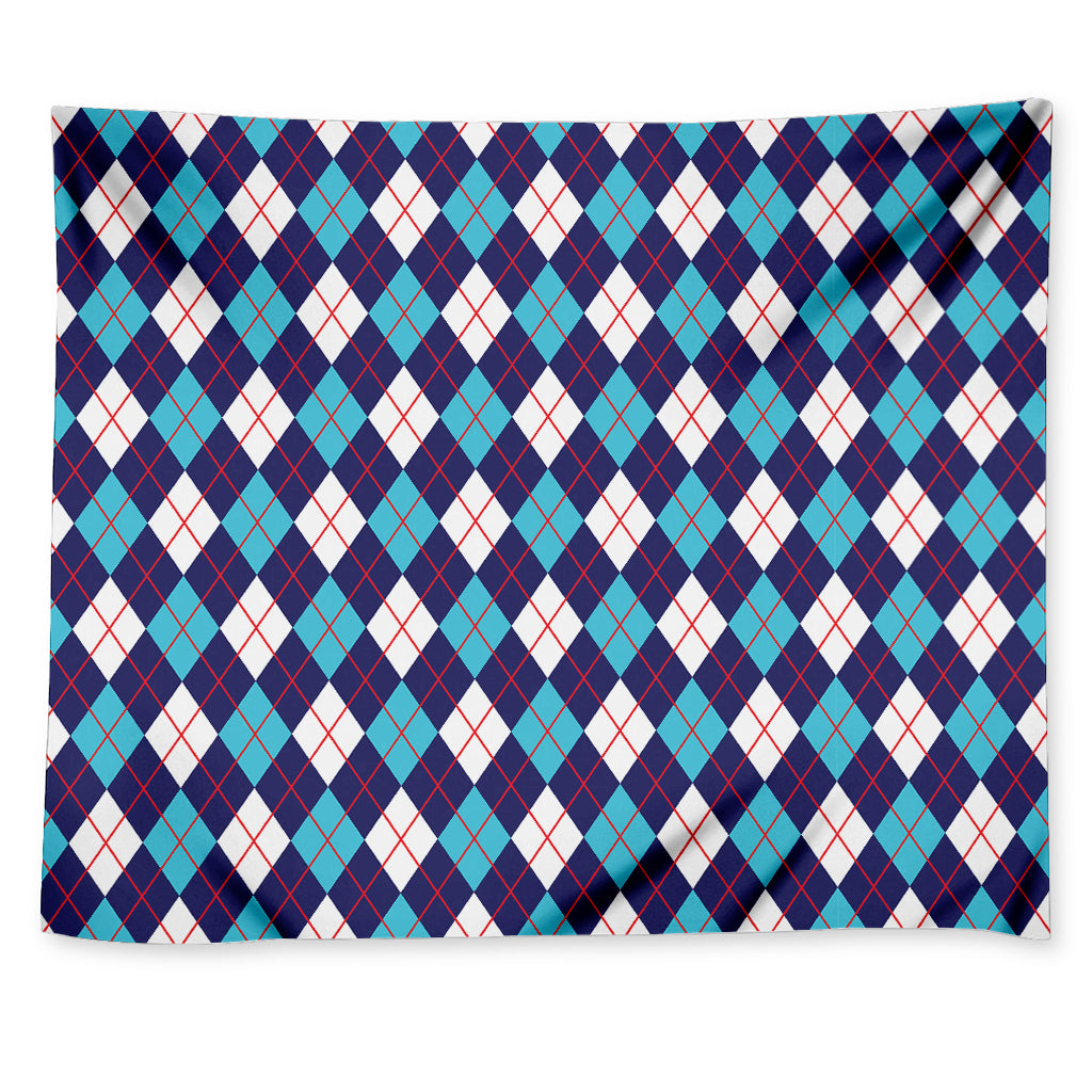 Blue White And Red Argyle Pattern Print Tapestry