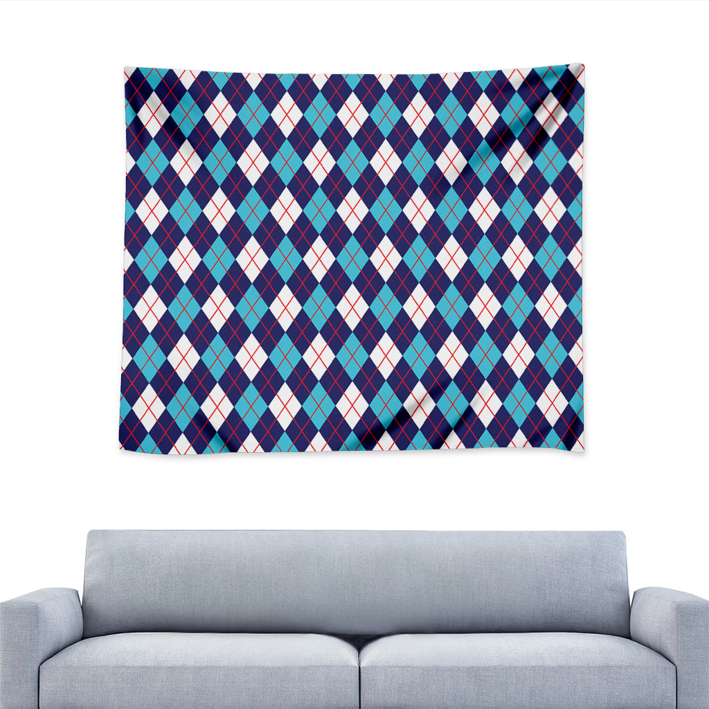 Blue White And Red Argyle Pattern Print Tapestry