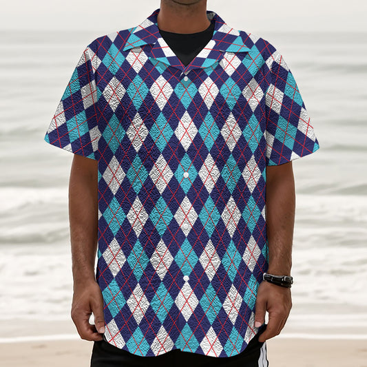 Blue White And Red Argyle Pattern Print Textured Short Sleeve Shirt