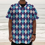 Blue White And Red Argyle Pattern Print Textured Short Sleeve Shirt