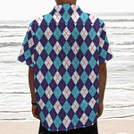 Blue White And Red Argyle Pattern Print Textured Short Sleeve Shirt